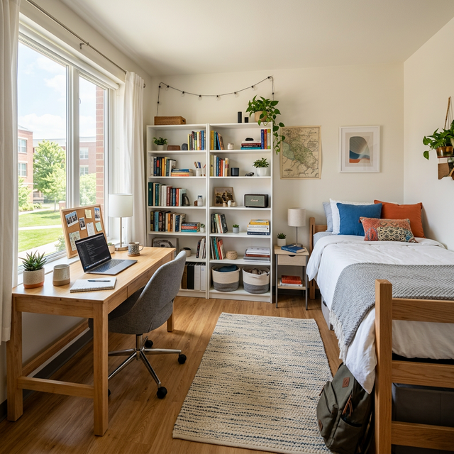 Phòng ở sinh viên đầy đủ tiện nghi với bàn học và giường tại Mỹ