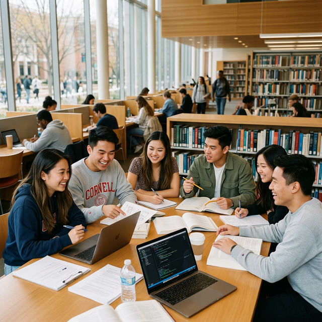 Nhóm sinh viên Việt Nam đang học tập cùng nhau tại thư viện đại học Mỹ